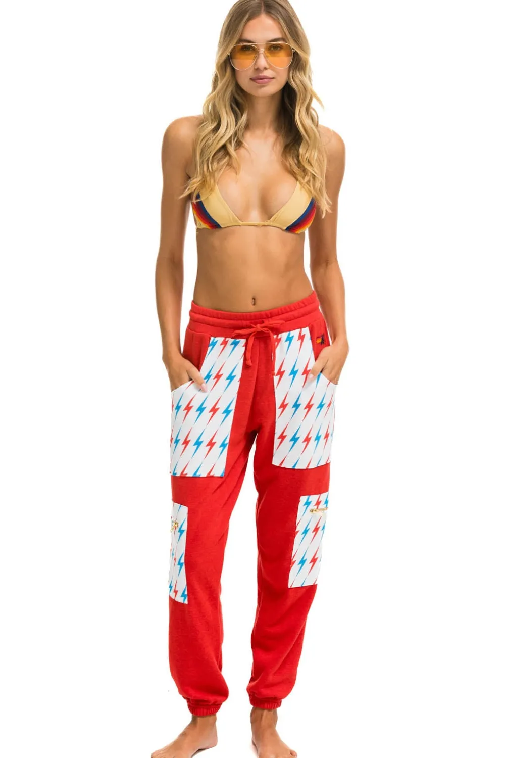 Sweatpants | Aviator Nation AVIATOR BOLT CARGO COLOR BLOCK SWEATPANTS - RED // USA RED//USA