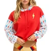 Hoodies | Aviator Nation AVIATOR BOLT COLOR BLOCK W/ BOLT EMBROIDERY RELAXED CROPPED PULLOVER HOODIE - RED // USA RED//USA