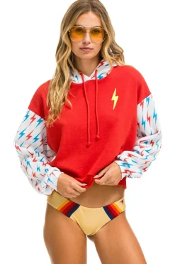 Hoodies | Aviator Nation AVIATOR BOLT COLOR BLOCK W/ BOLT EMBROIDERY RELAXED CROPPED PULLOVER HOODIE - RED // USA RED//USA
