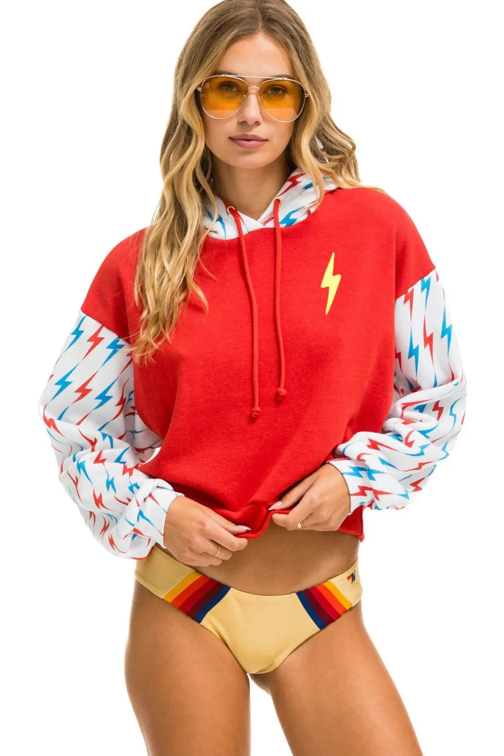 Hoodies | Aviator Nation AVIATOR BOLT COLOR BLOCK W/ BOLT EMBROIDERY RELAXED CROPPED PULLOVER HOODIE - RED // USA RED//USA