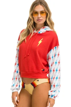 Hoodies | Aviator Nation AVIATOR BOLT COLOR BLOCK W/ BOLT EMBROIDERY RELAXED CROPPED PULLOVER HOODIE - RED // USA RED//USA
