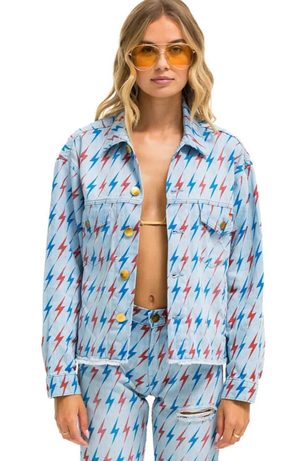 Denim | Denim | Aviator Nation AVIATOR BOLT OVERSIZED CUTOFF DENIM JACKET - SUPER LIGHT SUPERLIGHT