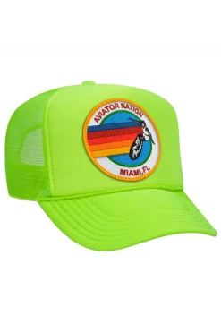 Trucker Hats | Trucker Hats | Aviator Nation MIAMI TRUCKER HAT sick!Allofourproductsgothroughanintensebreaking-downprocessthatgivesthemavintagefeelyou'lllovebecauseit'sbrokeninfromdayoneofwearingit.Allofourhatsareadjustable!