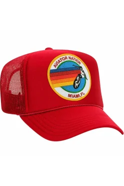 Trucker Hats | Trucker Hats | Aviator Nation MIAMI TRUCKER HAT sick!Allofourproductsgothroughanintensebreaking-downprocessthatgivesthemavintagefeelyou'lllovebecauseit'sbrokeninfromdayoneofwearingit.Allofourhatsareadjustable!