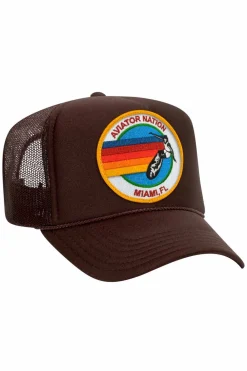 Trucker Hats | Trucker Hats | Aviator Nation MIAMI TRUCKER HAT sick!Allofourproductsgothroughanintensebreaking-downprocessthatgivesthemavintagefeelyou'lllovebecauseit'sbrokeninfromdayoneofwearingit.Allofourhatsareadjustable!
