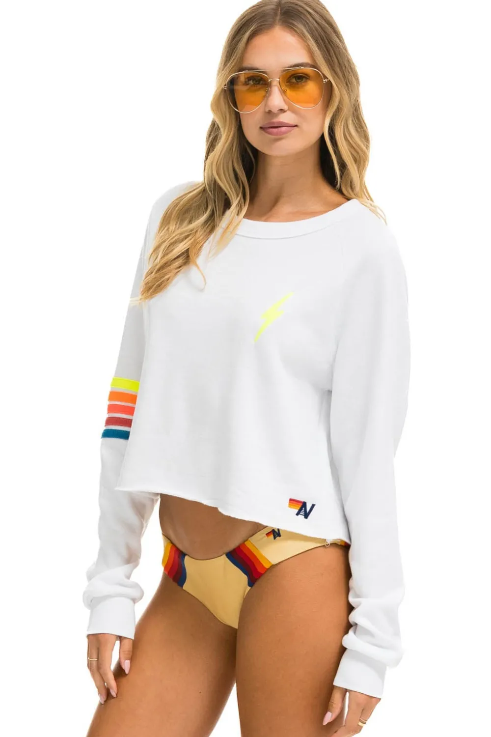 Sweatshirts | Aviator Nation BOLT RUGBY STITCH CROPPED CREW SWEATSHIRT - WHITE // NEON RAINBOW WHITE//NEONRAINBOW