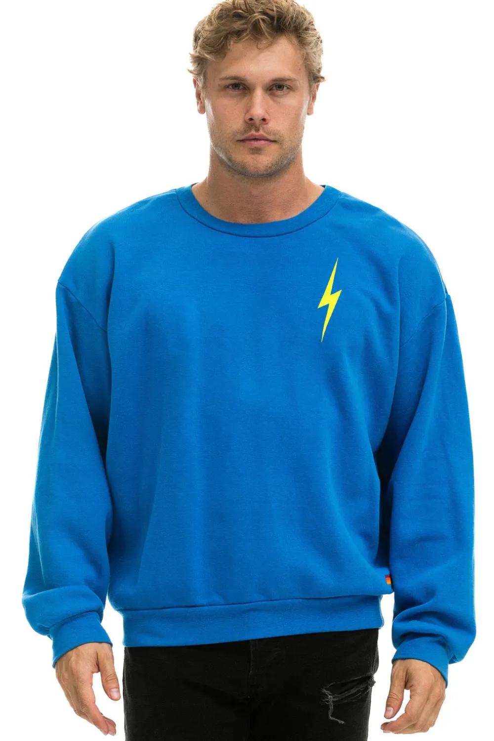 Sweatshirts | Sweatshirts | Aviator Nation BOLT STITCH RELAXED CREW SWEATSHIRT - OCEAN // NEON YELLOW OCEAN//NEONYELLOW
