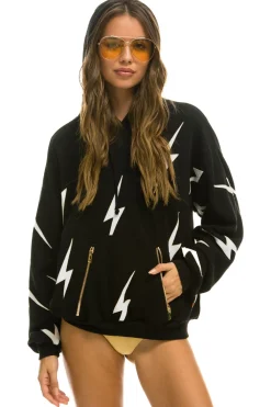 Hoodies | Hoodies | Aviator Nation BOLT STITCH REPEAT RELAXED PULLOVER HOODIE WITH POCKET ZIPPERS - BLACK // WHITE BLACK//WHITE