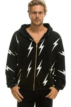 Hoodies | Hoodies | Aviator Nation BOLT STITCH REPEAT RELAXED ZIP HOODIE WITH POCKET ZIPPERS- BLACK // WHITE Hoodiesare UNISEX sizing-FemalemodelwearingsizeXS.MalemodelwearingsizeL.-HandsewninourownfactoryintheheartofLosAngeles-Tri-Blend