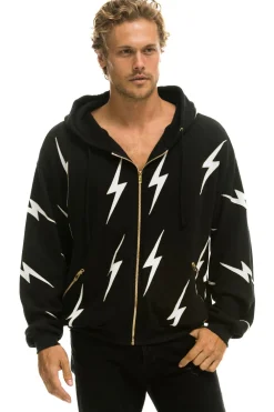 Hoodies | Hoodies | Aviator Nation BOLT STITCH REPEAT RELAXED ZIP HOODIE WITH POCKET ZIPPERS- BLACK // WHITE Hoodiesare UNISEX sizing-FemalemodelwearingsizeXS.MalemodelwearingsizeL.-HandsewninourownfactoryintheheartofLosAngeles-Tri-Blend