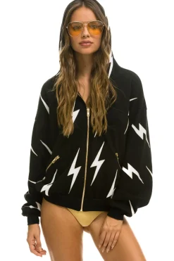 Hoodies | Hoodies | Aviator Nation BOLT STITCH REPEAT RELAXED ZIP HOODIE WITH POCKET ZIPPERS- BLACK // WHITE Hoodiesare UNISEX sizing-FemalemodelwearingsizeXS.MalemodelwearingsizeL.-HandsewninourownfactoryintheheartofLosAngeles-Tri-Blend