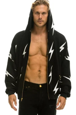 Hoodies | Hoodies | Aviator Nation BOLT STITCH REPEAT RELAXED ZIP HOODIE WITH POCKET ZIPPERS- BLACK // WHITE Hoodiesare UNISEX sizing-FemalemodelwearingsizeXS.MalemodelwearingsizeL.-HandsewninourownfactoryintheheartofLosAngeles-Tri-Blend