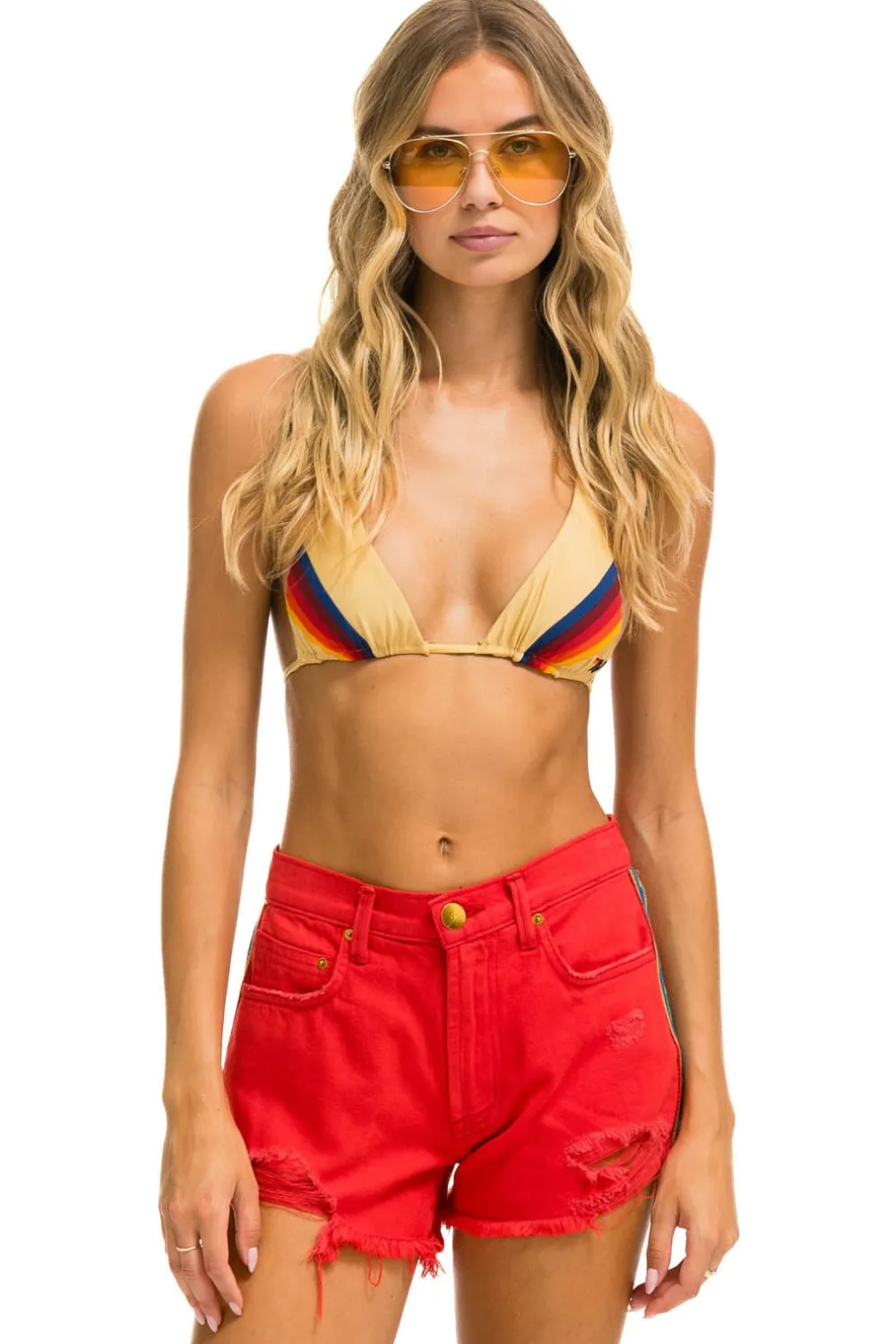 Denim | Denim | Aviator Nation BOLT STRIPE BOYFRIEND CUTOFF JEAN SHORTS - RED