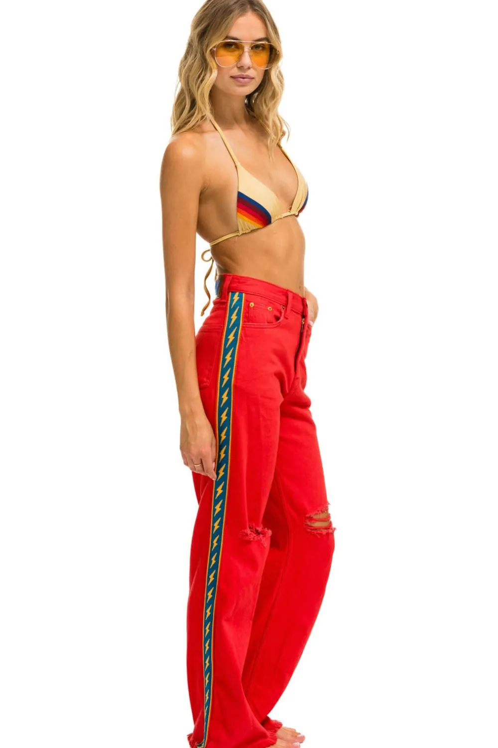 Denim | Denim | Aviator Nation BOLT STRIPE HI RISE WIDE-LEG GYPSY JEAN - RED