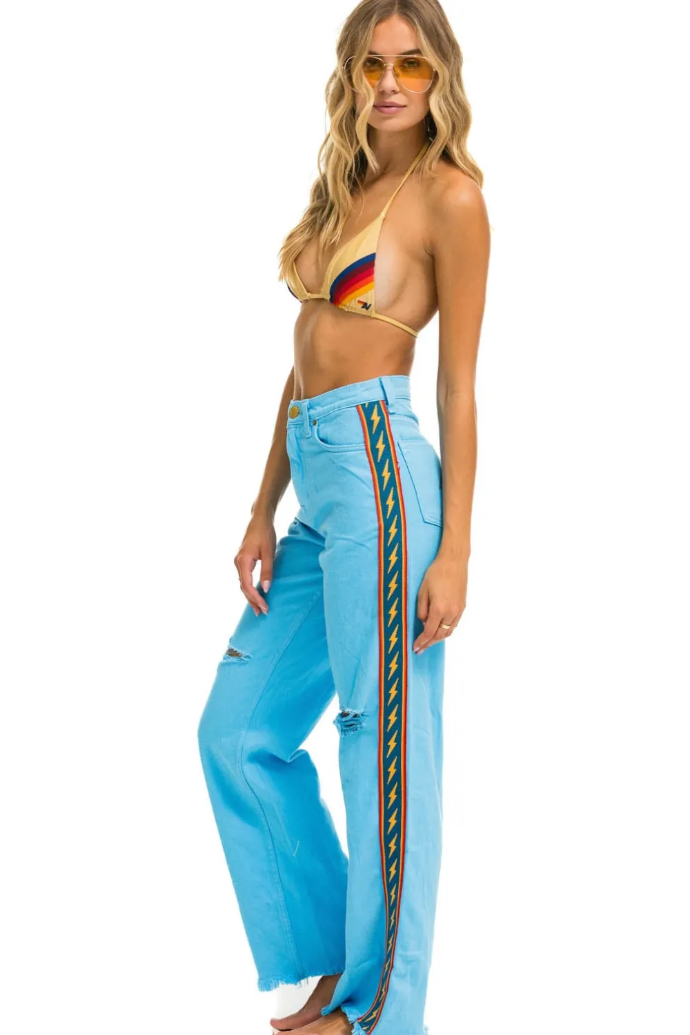 Denim | Denim | Aviator Nation BOLT STRIPE HI RISE WIDE-LEG GYPSY JEAN - SKY