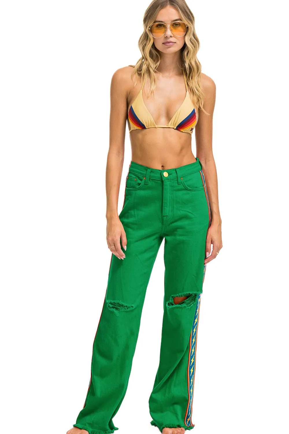 Denim | Denim | Aviator Nation BOLT STRIPE HI RISE WIDE-LEG GYPSY JEAN - KELLY GREEN KELLYGREEN