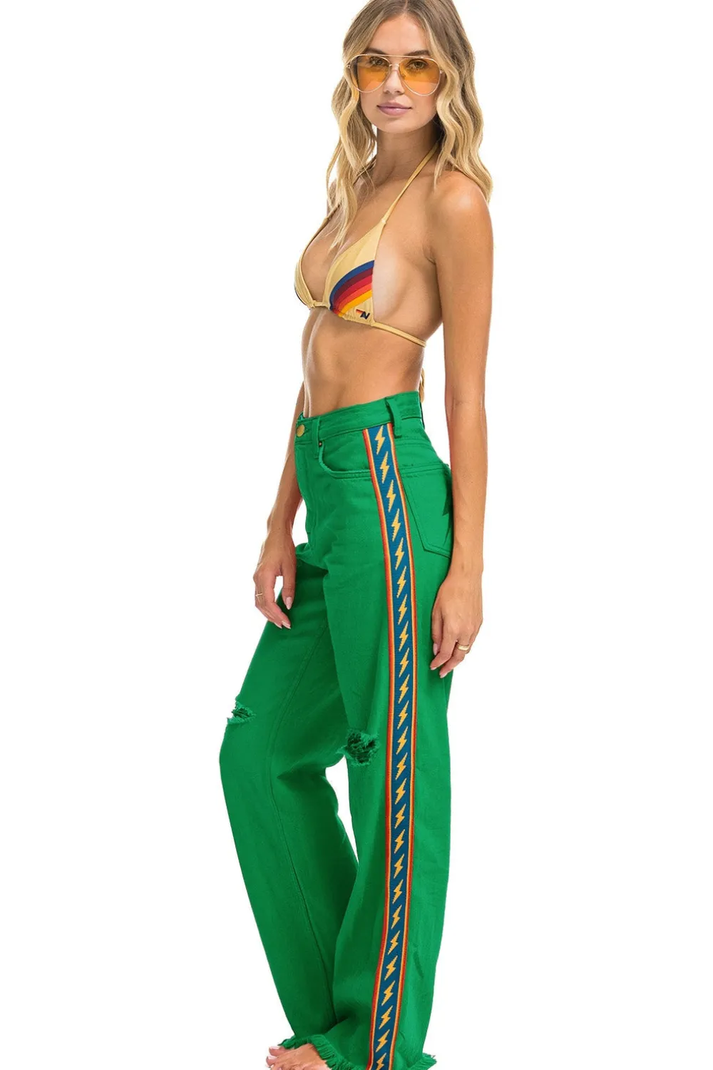 Denim | Denim | Aviator Nation BOLT STRIPE HI RISE WIDE-LEG GYPSY JEAN - KELLY GREEN KELLYGREEN