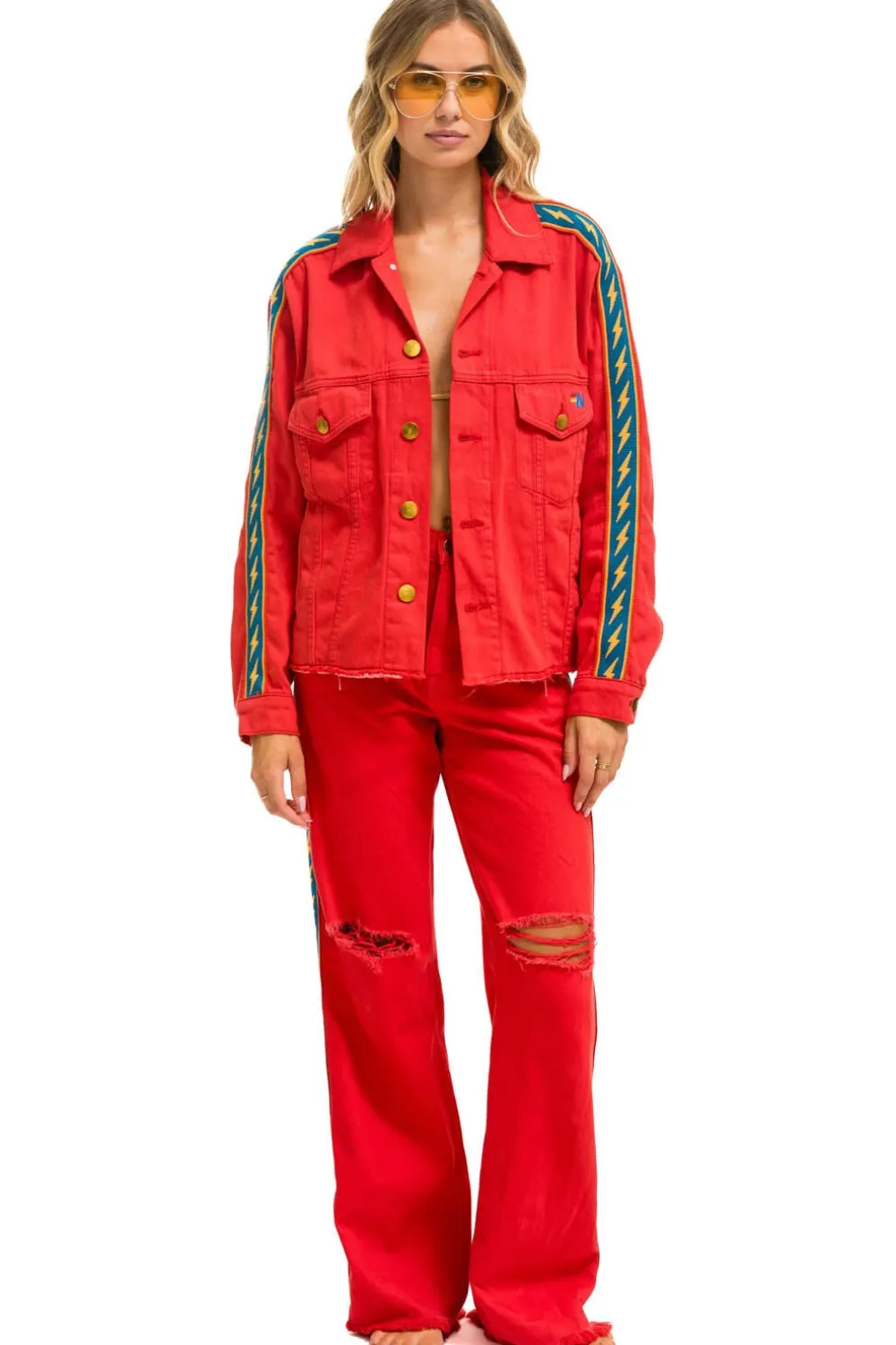 Denim | Denim | Aviator Nation BOLT STRIPE HI RISE WIDE-LEG GYPSY JEAN - RED