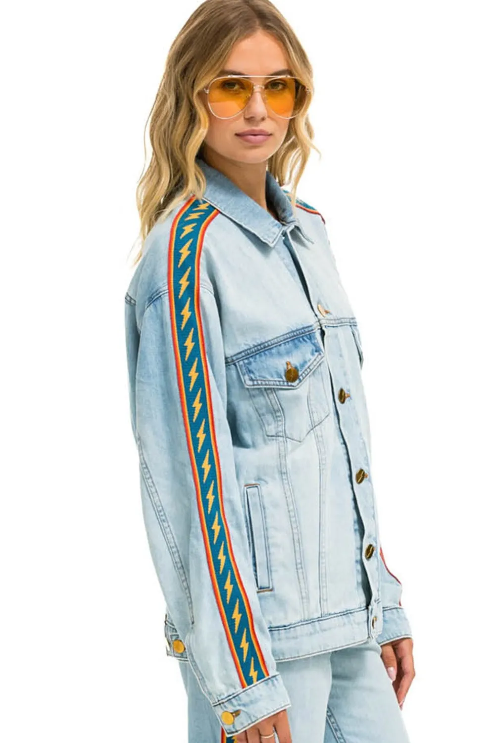Denim | Denim | Aviator Nation BOLT STRIPE OVERSIZED CONCERT DENIM JACKET - SUPER LIGHT SUPERLIGHT