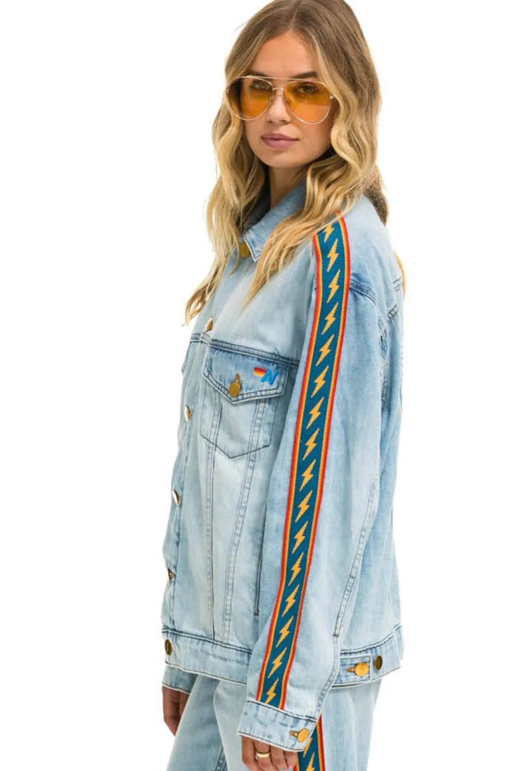 Denim | Denim | Aviator Nation BOLT STRIPE OVERSIZED CONCERT DENIM JACKET - SUPER LIGHT SUPERLIGHT