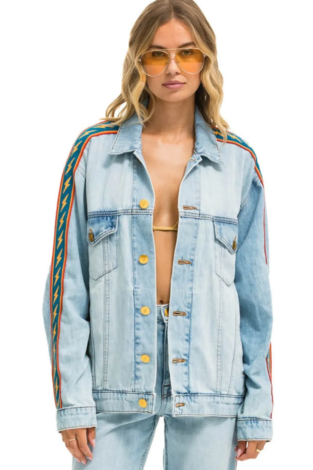 Denim | Denim | Aviator Nation BOLT STRIPE OVERSIZED CONCERT DENIM JACKET - SUPER LIGHT SUPERLIGHT