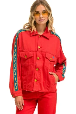 Denim | Denim | Aviator Nation BOLT STRIPE OVERSIZED CUTOFF DENIM JACKET - RED