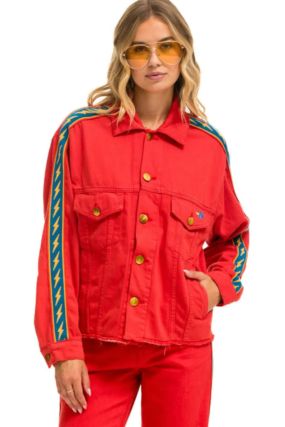 Denim | Denim | Aviator Nation BOLT STRIPE OVERSIZED CUTOFF DENIM JACKET - RED