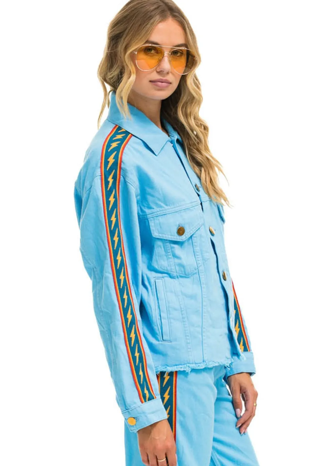 Denim | Denim | Aviator Nation BOLT STRIPE OVERSIZED CUTOFF DENIM JACKET - SKY