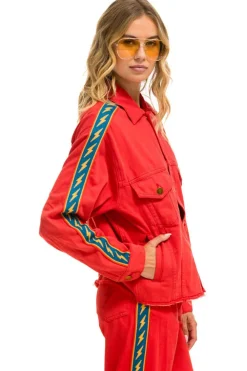 Denim | Denim | Aviator Nation BOLT STRIPE OVERSIZED CUTOFF DENIM JACKET - RED