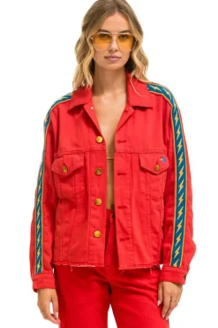 Denim | Denim | Aviator Nation BOLT STRIPE OVERSIZED CUTOFF DENIM JACKET - RED