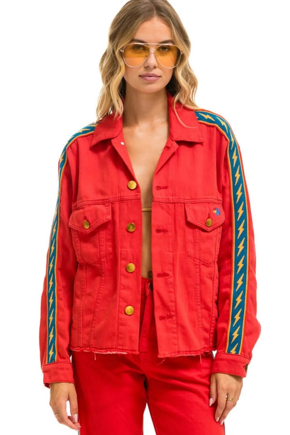 Denim | Denim | Aviator Nation BOLT STRIPE OVERSIZED CUTOFF DENIM JACKET - RED