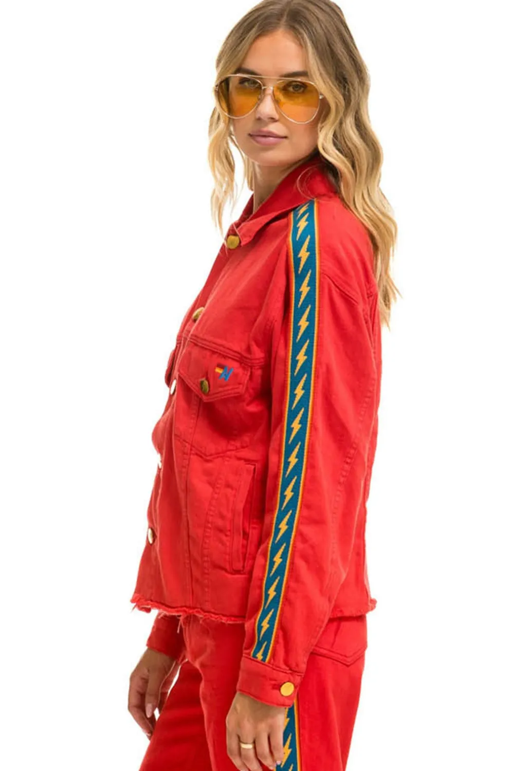 Denim | Denim | Aviator Nation BOLT STRIPE OVERSIZED CUTOFF DENIM JACKET - RED