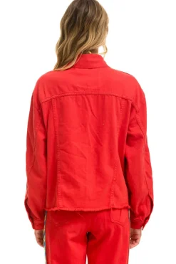 Denim | Denim | Aviator Nation BOLT STRIPE OVERSIZED CUTOFF DENIM JACKET - RED