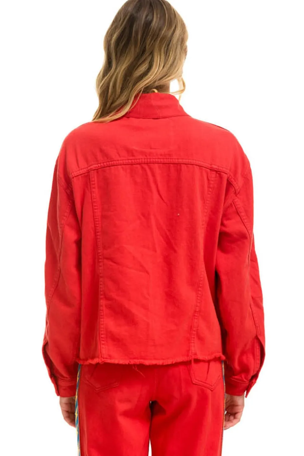 Denim | Denim | Aviator Nation BOLT STRIPE OVERSIZED CUTOFF DENIM JACKET - RED