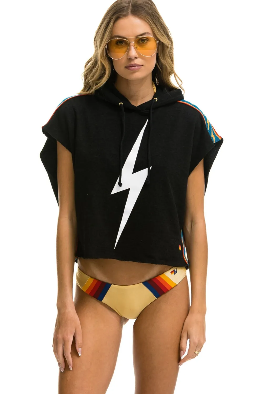 Hoodies | Aviator Nation BOLT STRIPE SLEEVELESS RELAXED CROPPED PULLOVER HOODIE - BLACK
