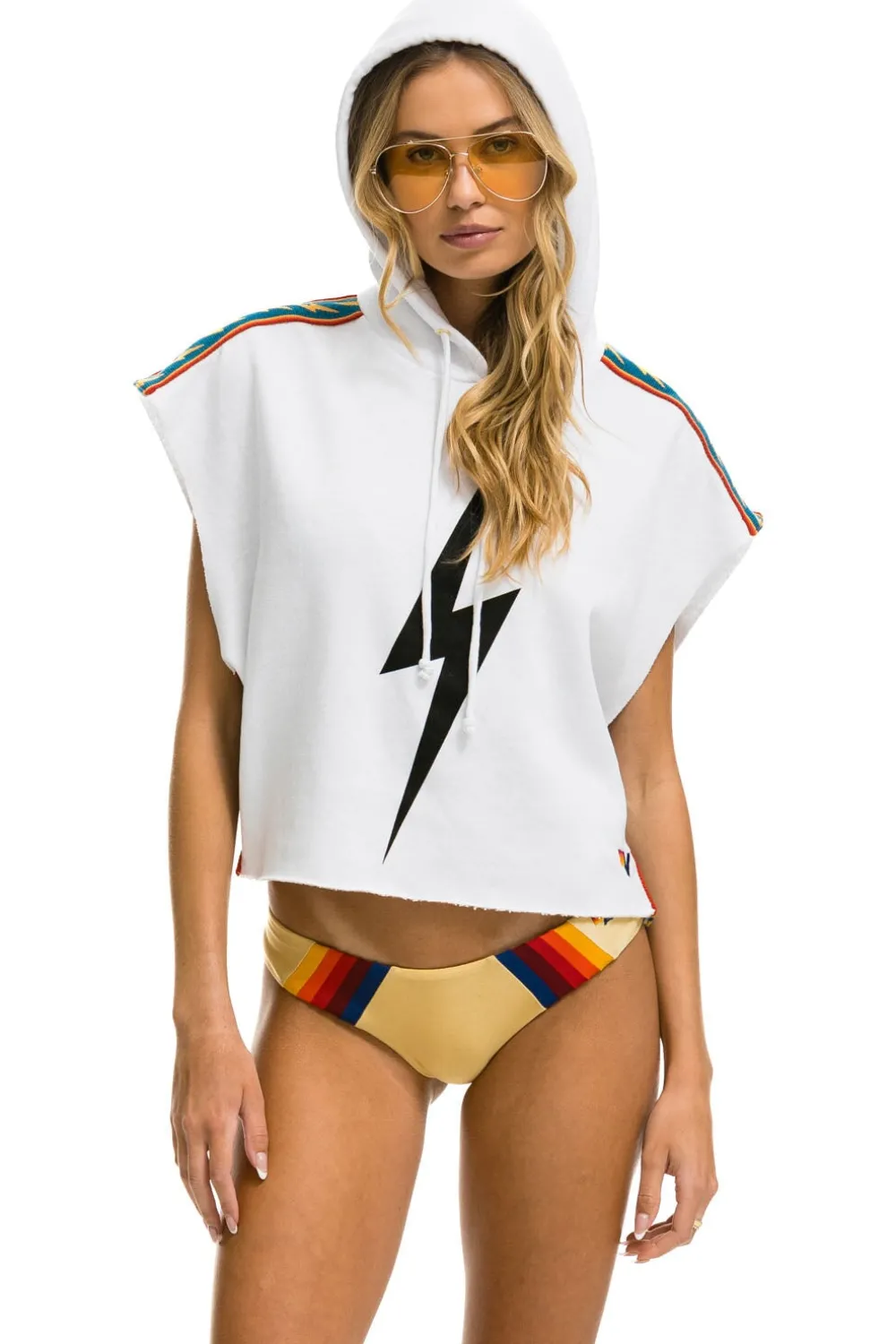 Hoodies | Aviator Nation BOLT STRIPE SLEEVELESS RELAXED CROPPED PULLOVER HOODIE - WHITE