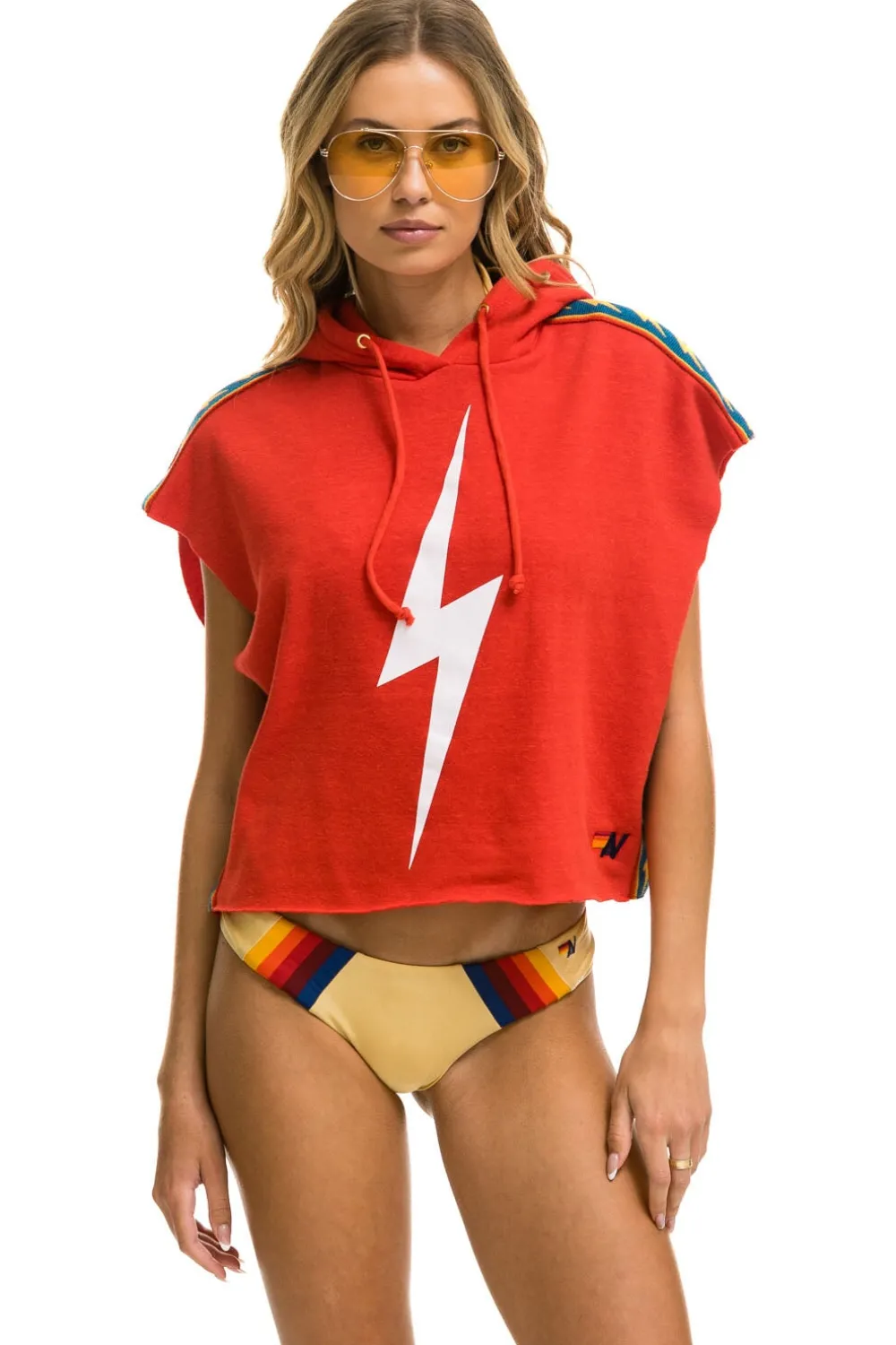 Hoodies | Aviator Nation BOLT STRIPE SLEEVELESS RELAXED CROPPED PULLOVER HOODIE - RED