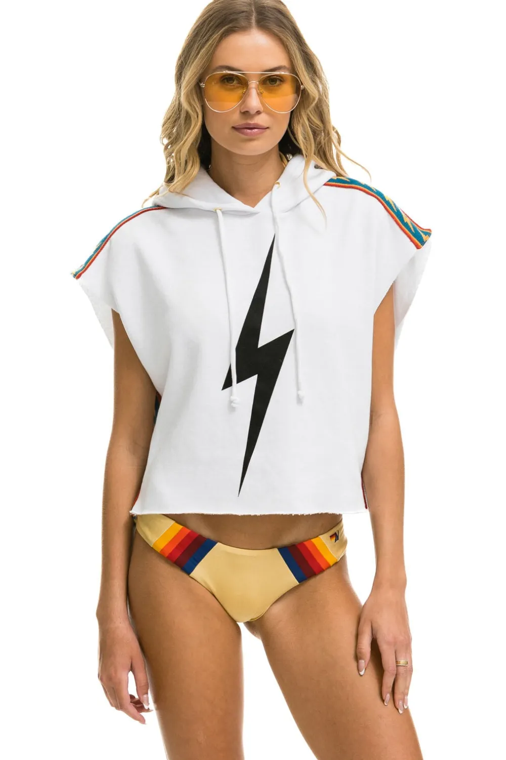 Hoodies | Aviator Nation BOLT STRIPE SLEEVELESS RELAXED CROPPED PULLOVER HOODIE - WHITE