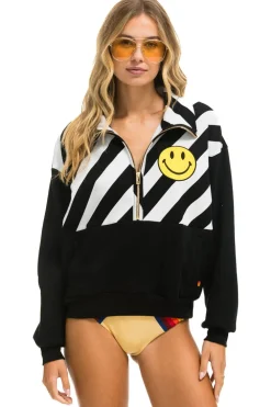 Sweatshirts | Sweatshirts | Aviator Nation CAUTION SMILEY 2 EMBROIDERY FLEECE HALF ZIP SWEATSHIRT - BLACK // WHITE BLACK//WHITE