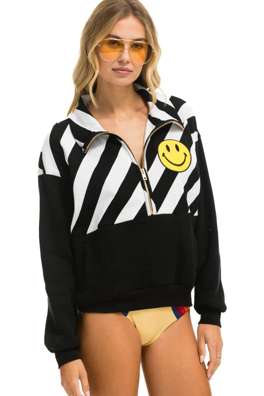 Sweatshirts | Sweatshirts | Aviator Nation CAUTION SMILEY 2 EMBROIDERY FLEECE HALF ZIP SWEATSHIRT - BLACK // WHITE BLACK//WHITE