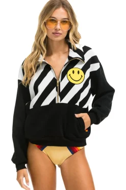 Sweatshirts | Sweatshirts | Aviator Nation CAUTION SMILEY 2 EMBROIDERY FLEECE HALF ZIP SWEATSHIRT - BLACK // WHITE BLACK//WHITE