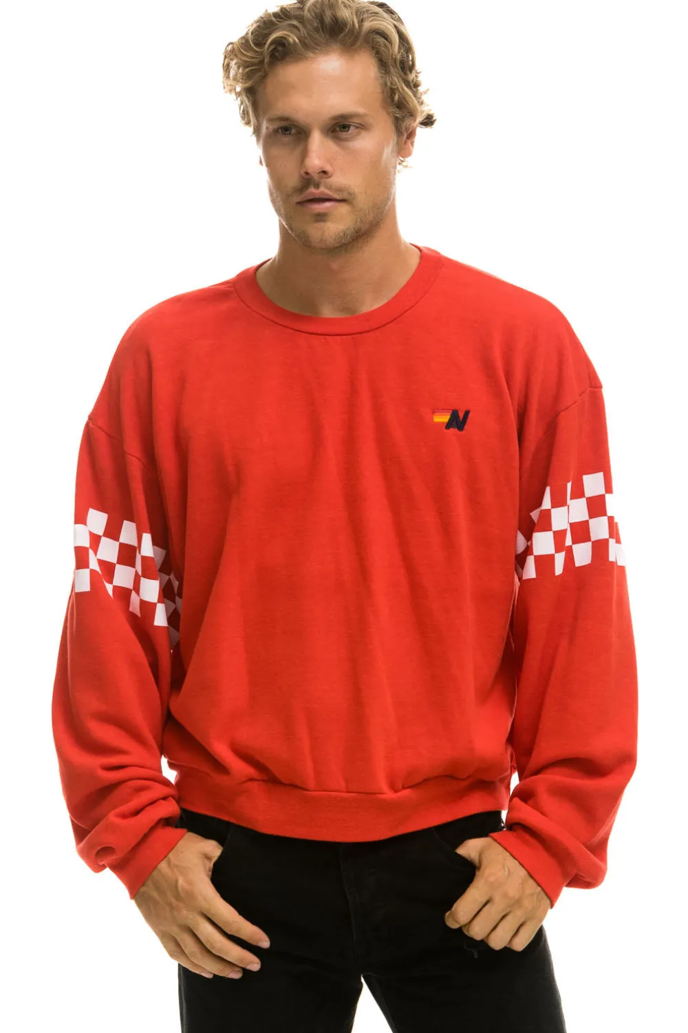 Sweatshirts | Sweatshirts | Aviator Nation CHECK 2 SLEEVE RELAXED CREW SWEATSHIRT - RED // WHITE RED//WHITE