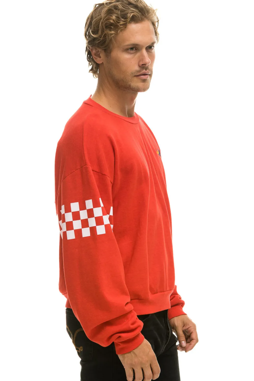 Sweatshirts | Sweatshirts | Aviator Nation CHECK 2 SLEEVE RELAXED CREW SWEATSHIRT - RED // WHITE RED//WHITE