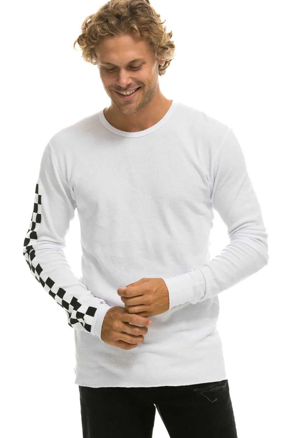 Tees | Aviator Nation CHECK SLEEVE THERMAL - WHITE