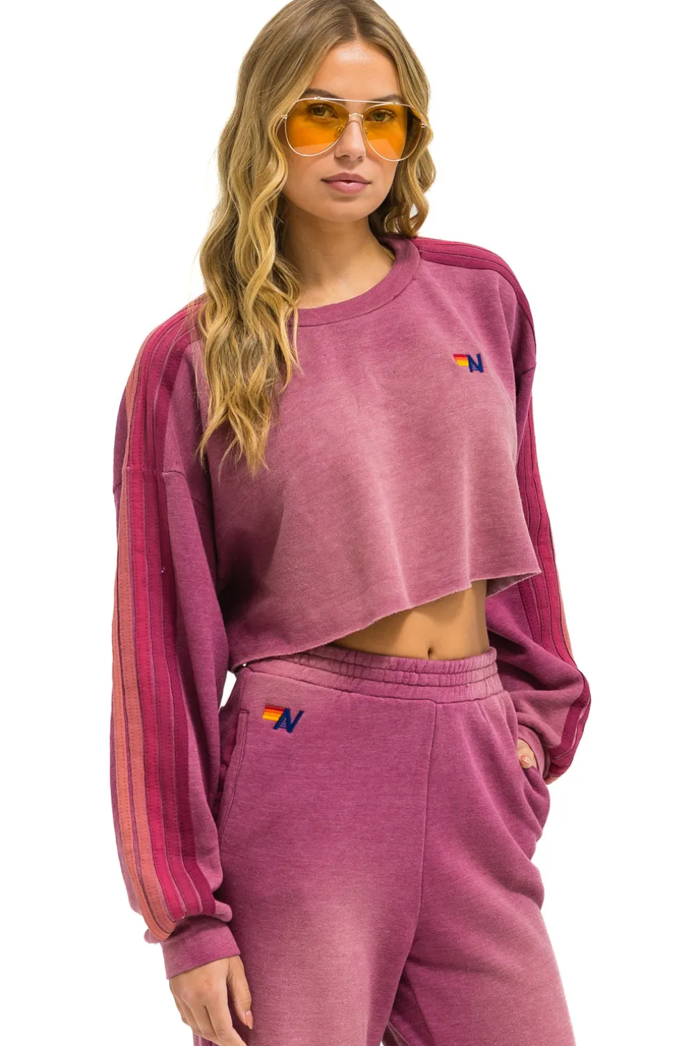 Sweatshirts | Aviator Nation CLASSIC STRIPE CROPPED CREW SWEATSHIRT RELAXED - FADED BERRY FADEDBERRY