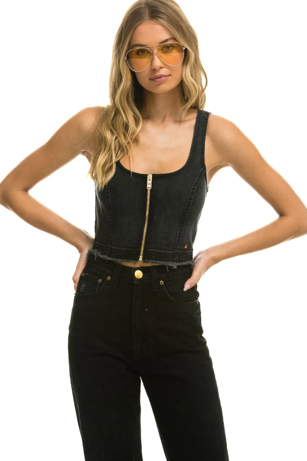 Denim | Denim | Aviator Nation DENIM TOP ZIP FRONT BUSTIER - VINTAGE BLACK VINTAGEBLACK