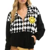 Sweatshirts | Sweatshirts | Aviator Nation DIAMOND SMILEY 2 EMBROIDERY FLEECE HALF ZIP SWEATSHIRT - BLACK // WHITE BLACK//WHITE