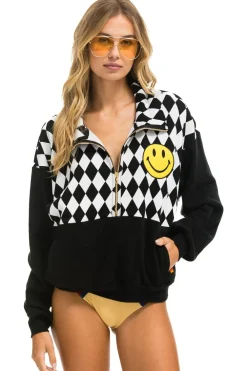 Sweatshirts | Sweatshirts | Aviator Nation DIAMOND SMILEY 2 EMBROIDERY FLEECE HALF ZIP SWEATSHIRT - BLACK // WHITE BLACK//WHITE