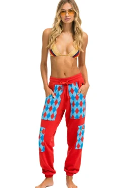 Sweatpants | Aviator Nation DIAMOND SMILEY 2 EMBROIDERY CARGO COLOR BLOCK SWEATPANTS - RED //SKY RED//SKY
