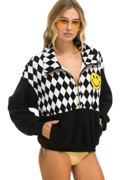 Sweatshirts | Sweatshirts | Aviator Nation DIAMOND SMILEY 2 EMBROIDERY FLEECE HALF ZIP SWEATSHIRT - BLACK // WHITE BLACK//WHITE